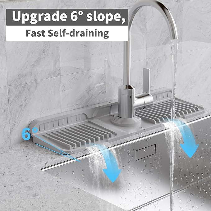 WAFT YEARN 17X5 Inch Silicone Durable Faucet Mat Kitchen Sink Splash Guard Draining Protector Tray Liner Absorbent Protective Counter Accessories For Sink Kitchen Bathroom Laundry Room Bar & RV Grey