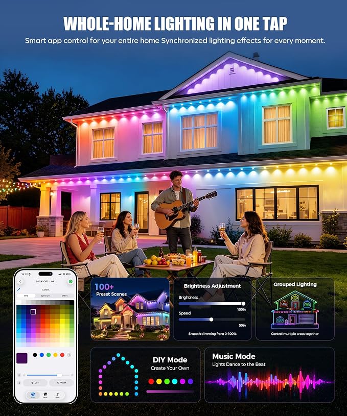 POOFZY Permanent Outdoor Lights 50FT, RGBIC Smart Outdoor Lights for House, App & Voice Control, Waterproof Outdoor Eave Lights for Christmas Holiday Patio Yard Decor