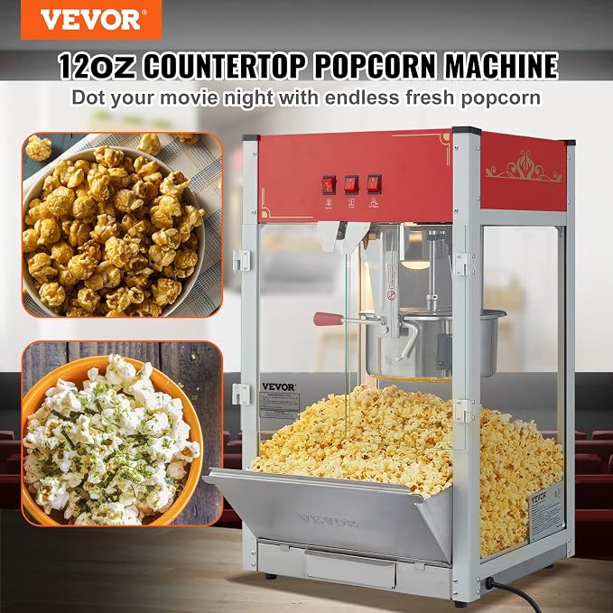 VEVOR Commercial Popcorn Machine, 12 Oz Kettle, 1440 W Countertop Popcorn Maker for 80 Cups per Batch, Theater Style Popper with 3-Switch Control Steel Frame Tempered Glass Doors 1 Scoop 2 Spoons, Red | 80 Cups per Batch, Theater Style Popper with 3-Sw...