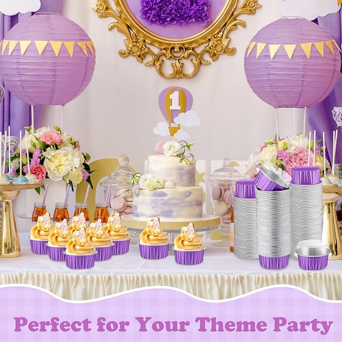 Gejoy 400 Pcs Aluminum Foil Baking Cups with Lids 5 oz Disposable Ramekins Mini Cake Pans Creme Brulee Cupcake Liners Muffin Tins Flan Mold Dessert Container for Wedding(Purple,Classic)
