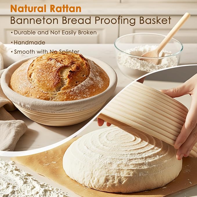 Kikcoin 13 PCS Sourdough Starter Kit with Round & Oval Banneton, Sourdough Bread Baking Supplies with Handmade Baskets, Bread Proofing Basket with Starter Jar, Bread Making Tools Kit for Beginners