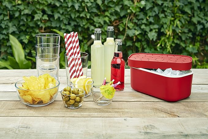 Lékué Ice Box | Red | Ice Cube Tray For Freezer With Lid & Bin | Made With 100 Percent Platinum Silicone | Elegant And Retro Style Ice Cubes | For Cocktails, Ice Tea & Coffee And More |