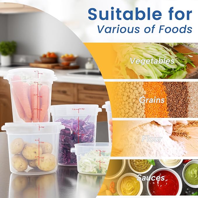 4 Pack 4QT Round Food Storage Containers with Lids | NSF, BPA-free PP containers with scale, label and measuring cup, stackable for prep, storage, freezer. Dishwasher safe