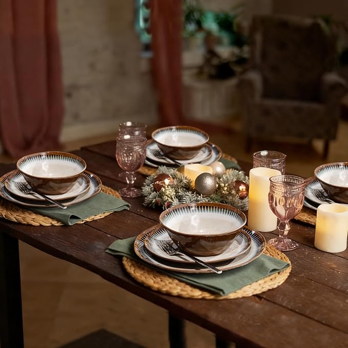 12 Piece Melamine Dinnerware Set, Unbreakable Plate and Bowls Set for 4,Indoor and Outdoor Use, Lightweight and Unbreakable Kitchen Dishes Set(Rustic Gray)