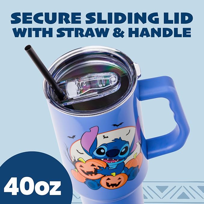 Silver Buffalo Disney Lilo and Stitch Halloween Spooky Pumpkin Jack-O-Lantern Double Walled Stainless Steel Tumbler with Handle and Straw, Fits in Standard Cup Holder, 40 Ounces