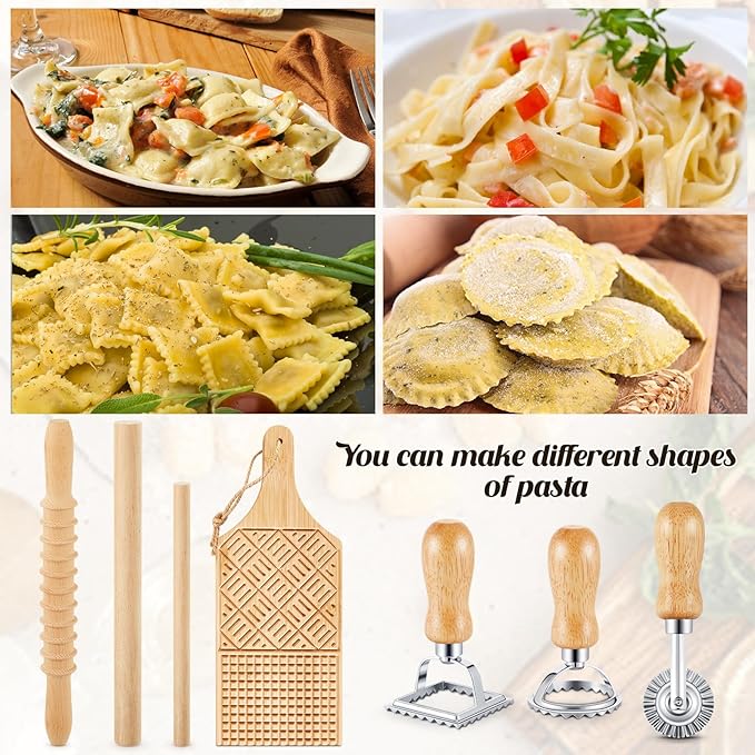 Tioncy 7 Pcs Pasta Making Tool Set Wood Gnocchi Board with Ravioli Stamp Ravioli Maker and Rolling Pin Homemade Gnocco Maker Kitchen Gift for Home Baking Lovers(Design Gnocchi Board Set)