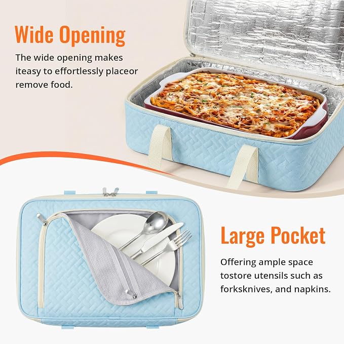 Insulated Casserole Carrier - Portable Casserole Carrier for Hot or Cold Food, Lasagna Holder for Parties,Picnic,Cookouts,Traveling - Fits 9" x 13" Baking Dish (Blue)