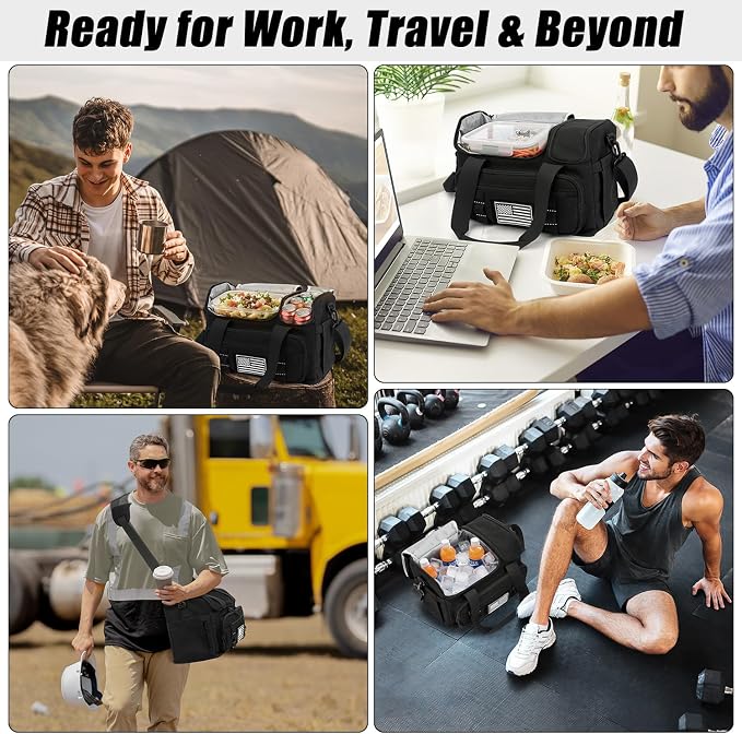 ETRONIK Tactical Lunch Box for Men, 20L Insulated Lunch Bag with Hot/Cold Compartments, Men's Lunch Box Fits 4 Meals + Snacks, Adult Lunch 8H Cooler Bags for Work, Hiking, Beach, Gym, Black