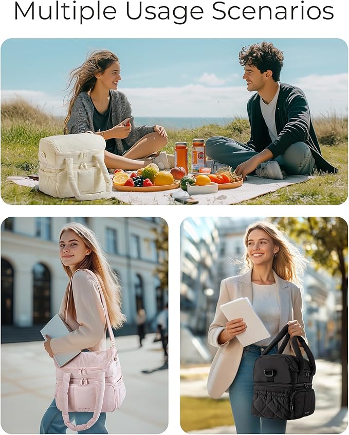 BAGSMART Lunch Bag Women, Double Deck Insulated Lunch Box, Quilted Puffer Lunch Tote, Leakproof, Durable & Reusable Large Lunch Cooler For Work Picnic Travel Meal Prep, Dusk Blue