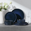 E-far Stoneware Dinnerware Sets for 2, 6-Piece Plates and Bowls Sets, Chip & Scratch Resistant Ribbed Dish Set for Home Restaurant, Microwave & Dishwasher Safe, Midnight Blue