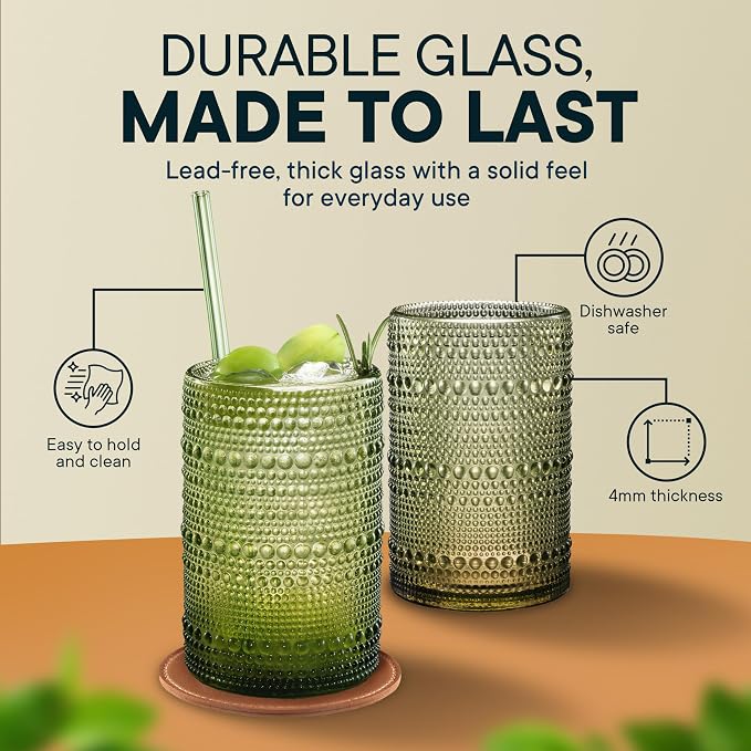 15 Oz Hobnail Drinking Glasses, Green, Set of 12 | With Straws, With Coasters