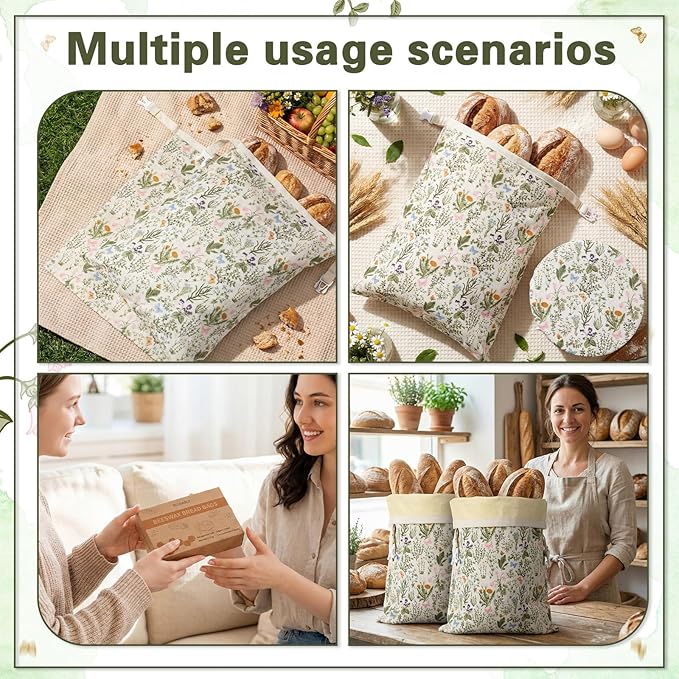 Reusable Beeswax Bread Bags for Homemade Bread Sourdough (2 Pcs 13x17in Bags + 10in Bowl Cover) Floral Cotton 100% Natural Beeswax Coating, Plastic-free Food Storage Wrap(Flower Butterfly)
