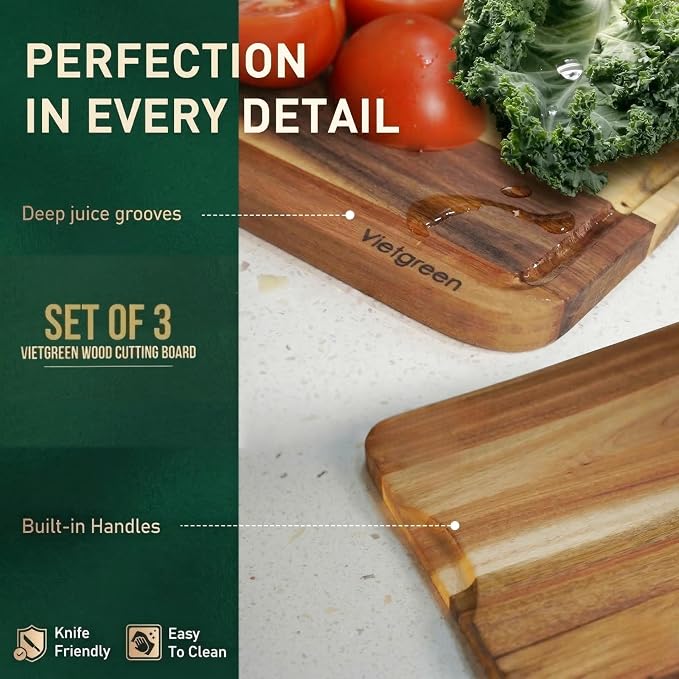 Acacia Wood Cutting Board Set of 3 with Stand (16"x12", 14"x10", 12"x8"), Edge Grain Charcuterie & Serving Boards with Juice Grooves & Handles