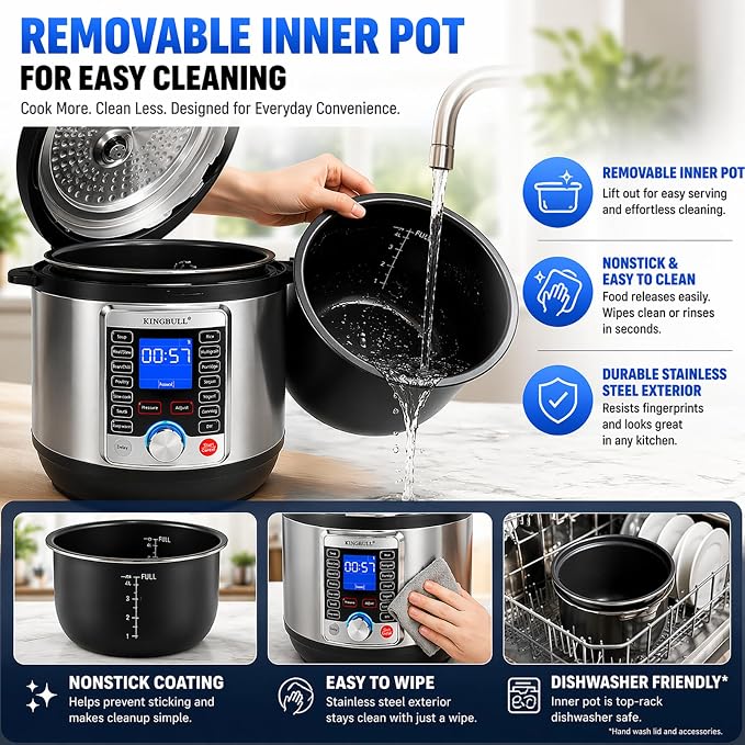 KINGBULL 14-in-1 Electric Pressure Cooker 6 Quart, Stainless Steel Multi Cooker with LCD Display, Slow Cooker, Rice Cooker, Steamer, Sauté, Yogurt Maker, Warmer, DIY Mode, Black