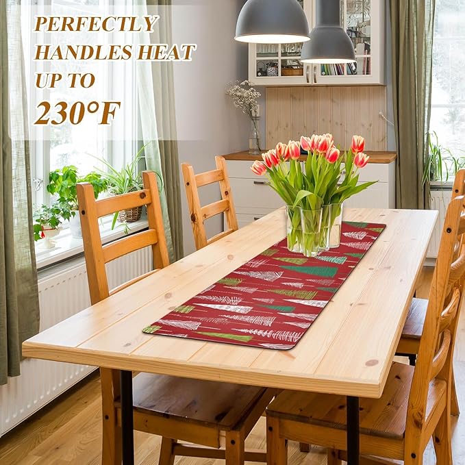 2 in 1 Table Runner Trivet for Hot Pots and Pans Heat Resistant Non Slip Waterproof 39 x 12 Inch Decorative Table Protector for Kitchen Countertop Christmas Trees White