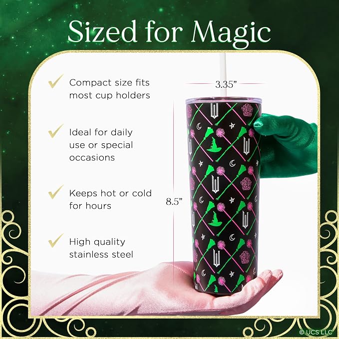 Dragon Glassware x Wicked Vacuum Insulated Tumbler with Lid and Straw - 24 oz Tumbler Cup with 2 Straws - Stainless Steel Tumbler with Straw for Water, Iced Tea - Wicked Movie Green Tumbler with Straw