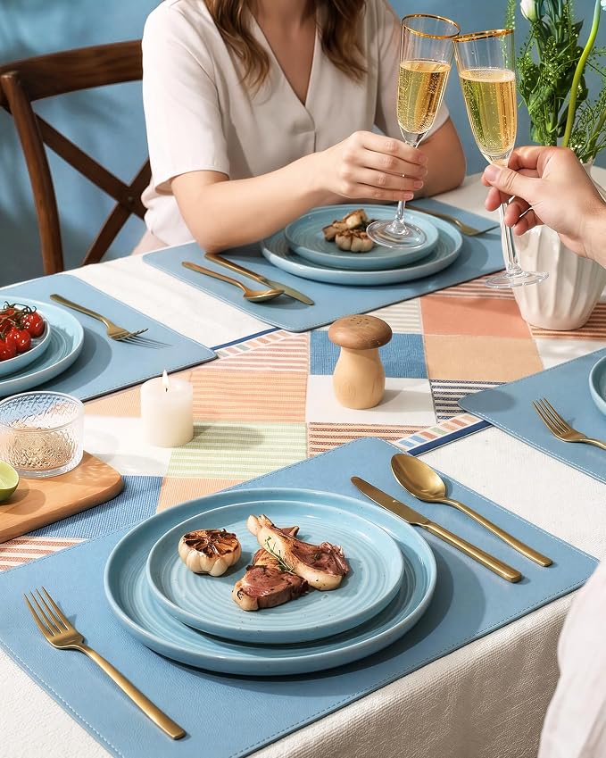 12-Piece Stoneware Dinnerware Sets for 4 - Coupe Plates and Bowls with Speckles & Spirals - Chip & Scratch Resistant, Microwave & Dishwasher Safe - Farmhouse Dishes, Ice Blue