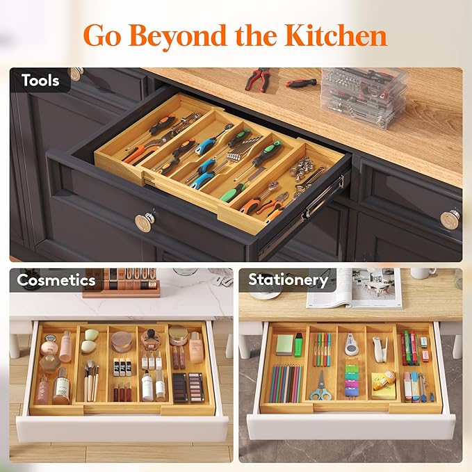 Lifewit Silverware Organizer for Kitchen Drawers, Expandable Cooking Utensil Tray, Adjustable Cutlery and Flatware Holder, Adjustable Spatula Tools and Gadgets Storage Divider