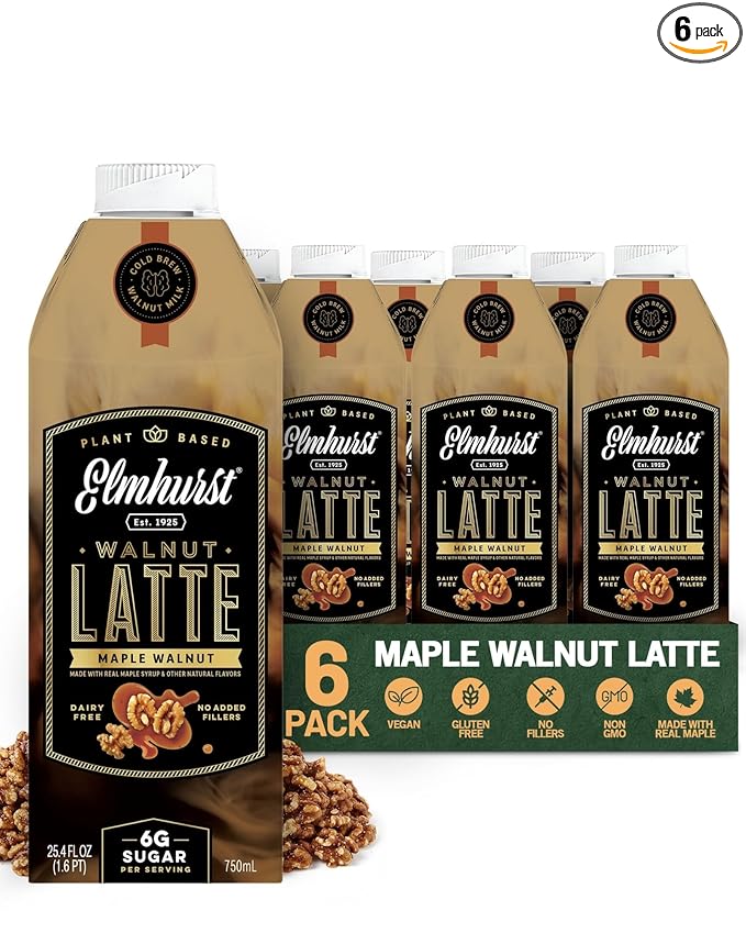 Elmhurst 1925 Maple Walnut Latte – Plant-Based, Vegan, Dairy-Free Plant Milk Latte Made of Walnut Milk, Cold Brew Premium Arabica with 95mg Caffeine & Real Maple & Brown Sugar – 25.4oz (Pack of 6)