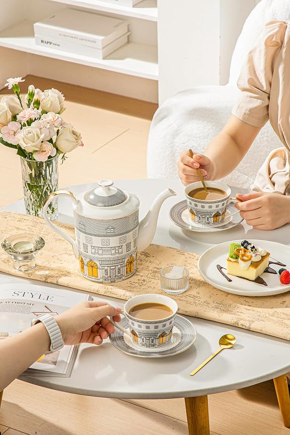 Domini Personalized Architectural Ceramic Tea Cup and Saucer Set,5-piece gift box set with 1 pot, 2 cups and 2 plates