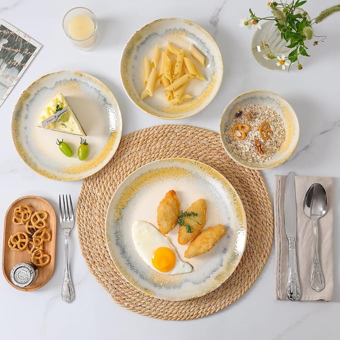 DOMICREVERY Ceramic Dinnerware Sets for 6, 24 Pieces Plates and Bowls Sets, Lemon Sea