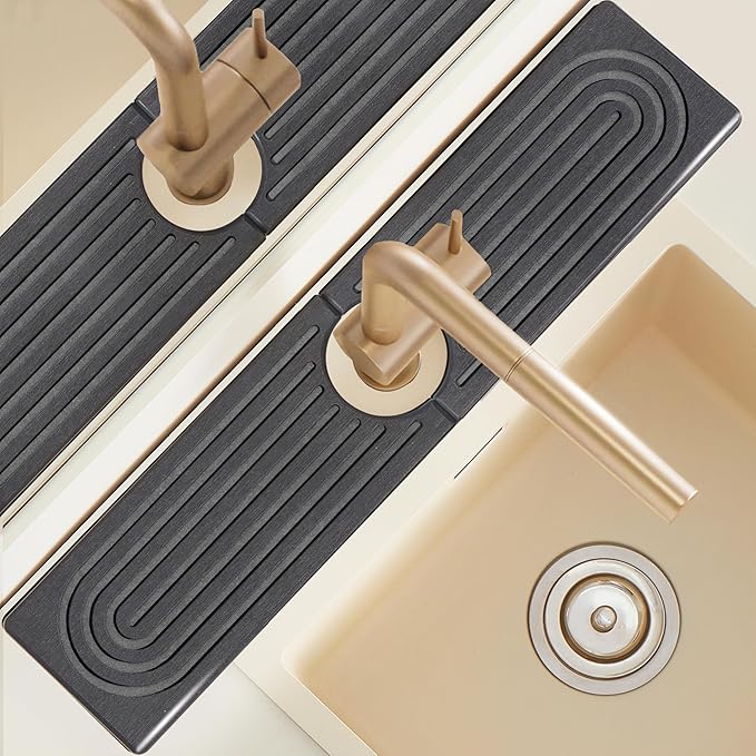 Faucet Mat for Kitchen Sink, 24'' Long Diatomite Sink Protector Splash Guard Draining Mat, Quick Drying Stone Sink Tray, Water Absorbent Soap Sponge Holder for Bathroom, Women Birthday Gift, Dark Gray