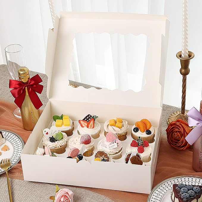 TOMNK 20pcs Cupcake Boxes, Cupcake Boxes 12 Count, 13x10x3.5 Inch White Containers Bakery Holders with Windows and Inserts to Fit Muffins, Cookies