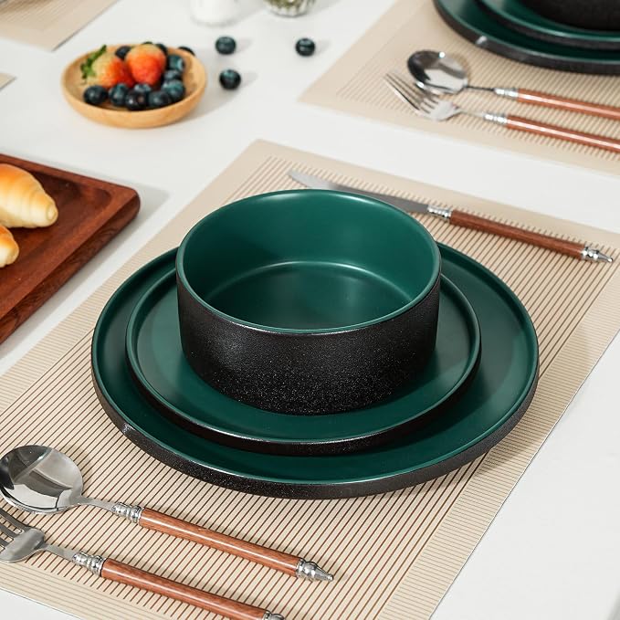 12 Piece Dinnerware Set, Modern Minimalist Stoneware Plates and Bowls Sets, Modern Dinner Plate, Salad Plate, Cereal Bowl, Dish Set for 4, Microwave and Dishwasher Safe, Matte Green