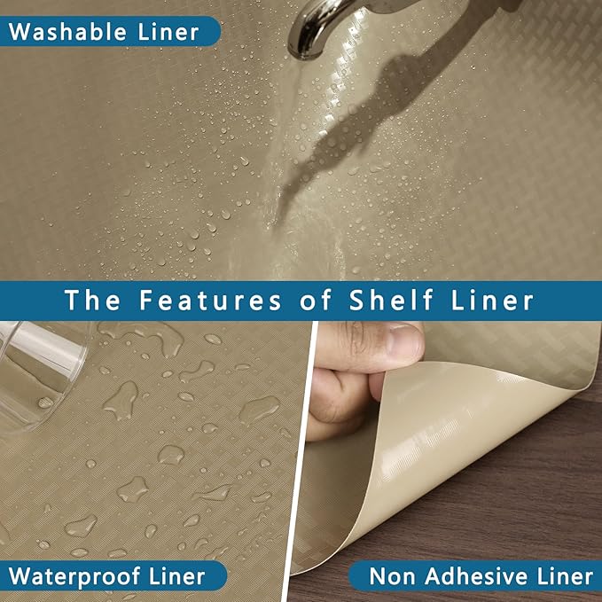 HooTown Kitchen Shelf Liner Drawer Liners, 17.5"W x 78.7"L Non-Adhesive Cabinet Cupboard Liners Refrigerator Waterproof Fridge Mat with Durable Kitchen Cabinet Mat for Drawers, Shelves, Pantry, Khaki