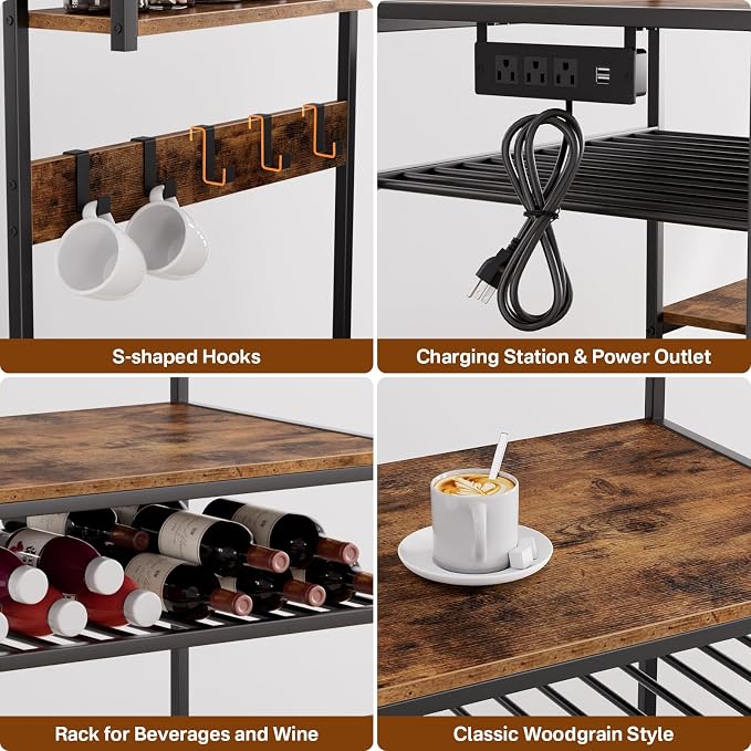 Portin Mini Fridge Stand Coffee Bar Cabinet with Power Outlet | 7 Tier Shelf with S-Hooks, Kitchen Bakers Rack, Fit microwave, toaster, kitchen utensils, and beverages, for Dorm,Office