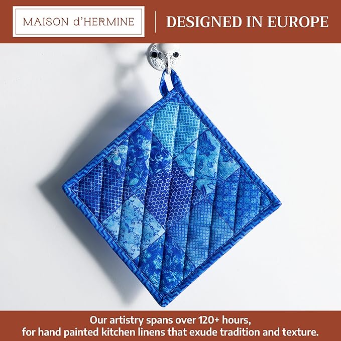 Maison d' Hermine Pot Holders 100% Cotton Heat Resistant Potholders 8" x 8" Hot Pads with Loop BBQ Cooking Baking Gifts for Mothers Day Handling Hot Pans Spring/Summer (Pack of 2, Indigo Love)