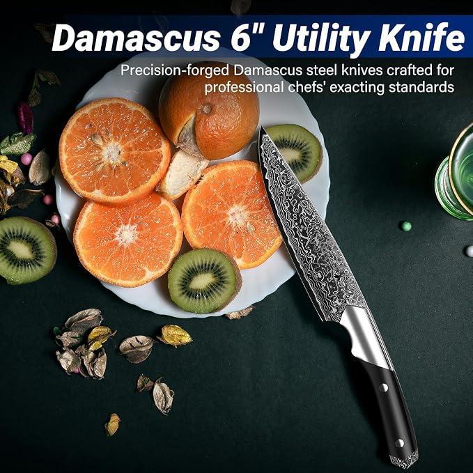 Golden Bird 6 inch Kitchen Utility knife, Japanes VG10 Damascus Steel Chef Knives with Wooden Handle, Small Paring Knife for Fruit and Vegetable, Ideal Gift