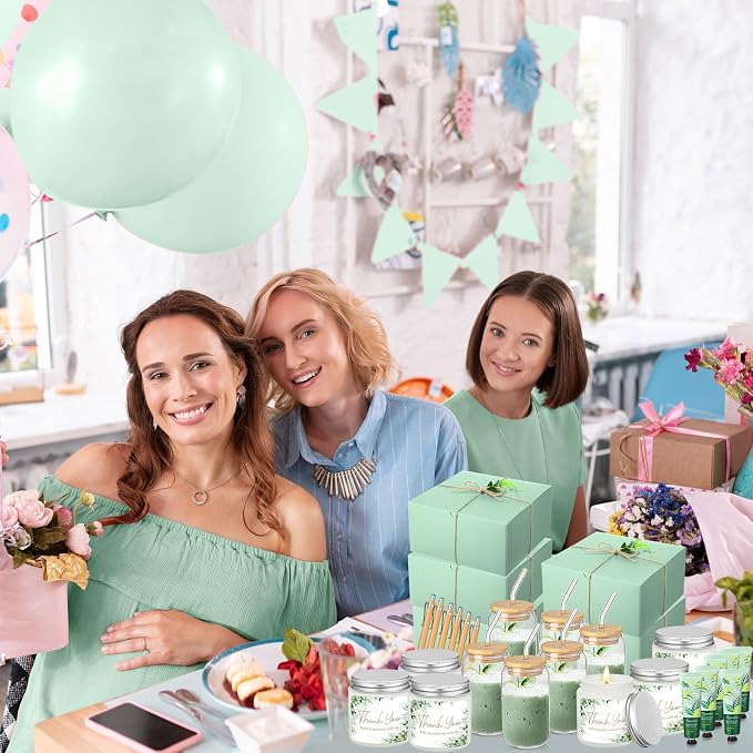 Reallnaive 6 Sets Baby Shower Prizes for Game Winners, Baby Shower Favors Including Glass Cup Scented Candles Hand Cream Pens Gift Box with Raffia for Gender Reveal Wedding Bridal Party Prizes(Green)