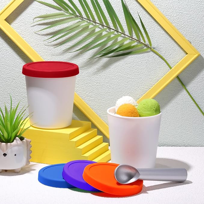 Nuenen 5 Pack Ice Cream Containers 1Qt Freezer Storage Tubs with Silicone Lids and Spoon for Homemade Ice Cream Reusable, Sorbet Dishwasher Safe (Dark Series Colors)
