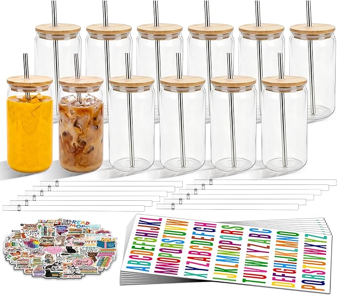16 oz Clear Plastic Cups Reusable with Bamboo Lids and Straws & DIY Sticker, 12Pack Acrylic Mason Jars Iced Coffee Drinking Glasses Cup for Park Picnic, Poolside, Party Giveaways