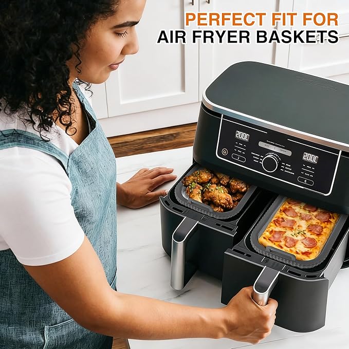Air Fryer Glass Liner Reusable, Air Fryer Liners Silicone with Removable Silicone Ring for Ninja Dual Basket, Cosori, Philips, BPA-Free, Heat Resistant, Dishwasher Safe