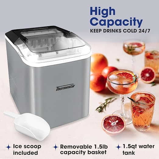 Nostalgia Thermostar Automatic Self-Cleaning Portable Electric Countertop Ice Maker Machine, 26 Pounds in 24 Hours, 9 Ice Cubes Ready in 7 Minutes, with Ice Scoop and Basket, Silver