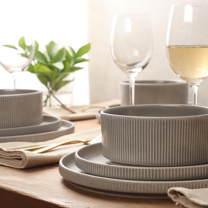 Gibson Elite Avant-Garde 12 Piece Stoneware Dinnerware Set for 4, Chateau Grey Plates and Bowls Set with Reactive Glaze, Includes Dinner Plates, Salad Plates and Bowls