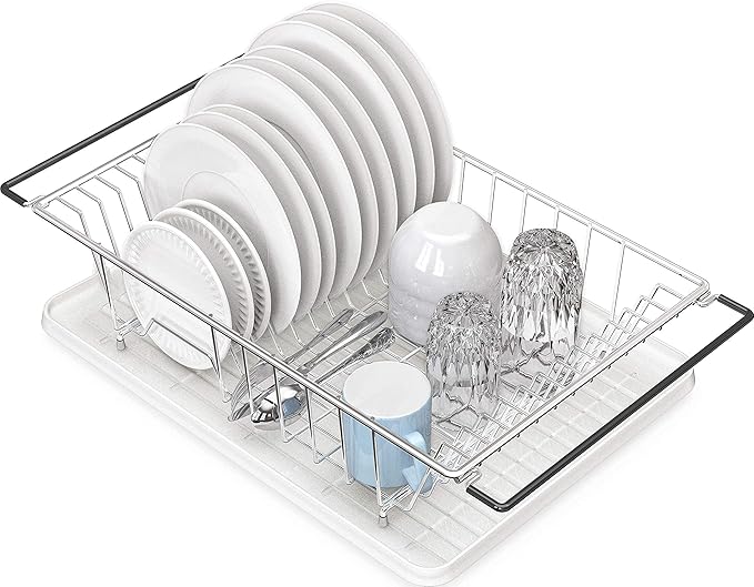 Simple Houseware 2-Tier Dish Rack with Drainboard + Over Sink Counter Top Dish Drainer Drying Rack, Chrome