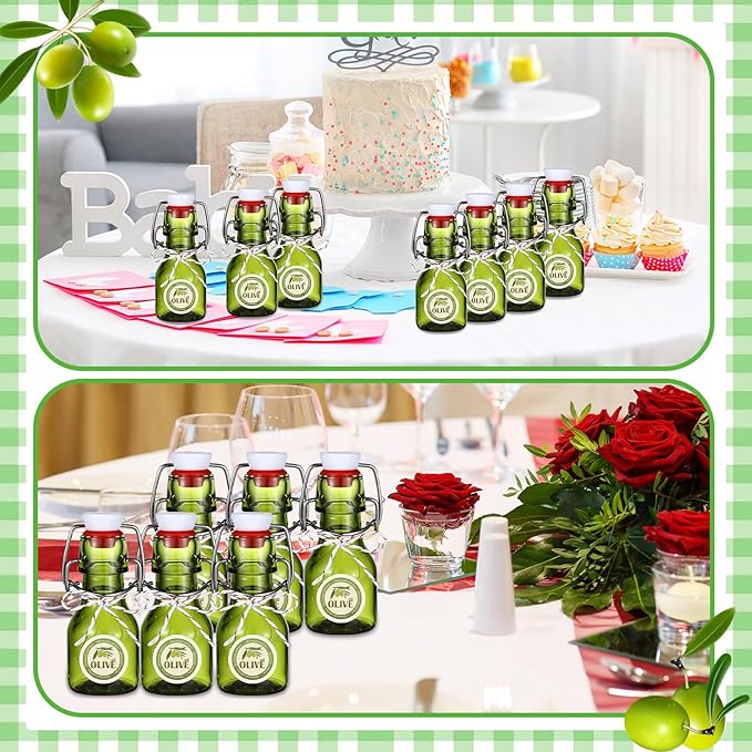 Queekay 20 Pack Mini Swing Top Glass Bottles for Vanilla Extract Homemade Olive Oil Bottles with Lids Airtight Cap Lids Labels for Wedding Baby Shower Favors(2 oz,Olive Green)