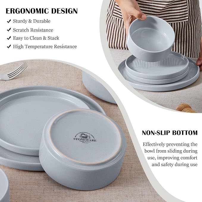 E-far 6-Piece Stoneware Dinnerware Sets, Plates and Bowls Set for 2, Kitchen Modern Dishes Set for Everyday & Formal, Chip and Scratch Resistant, Microwave & Dishwasher Safe, Speckled Gray