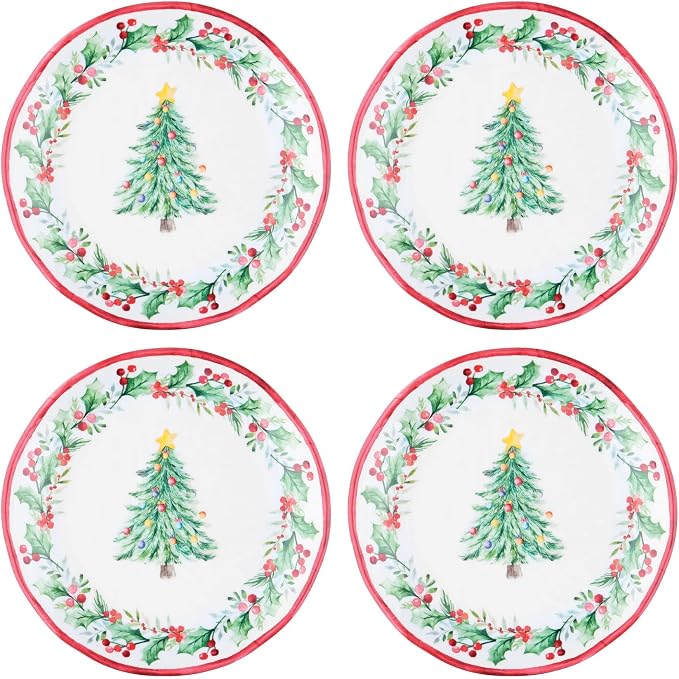 UPware 16 Piece Christmas Tree Melamine Dinnerware Sets, Outdoor Dishes Set, Plates and Bowls Sets, Christmas Decorations, Service for 4, Red