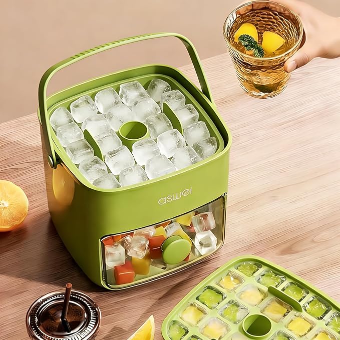 Compact Ice Cube Tray with Lid and Bin, Mini Press-Type Ice Cube Maker for Freezer, Space-Saving Small Ice Bucket with Tongs for RV, Office, Mini Ice Cube Trays & Water Bottles, BPA-Free (Green)
