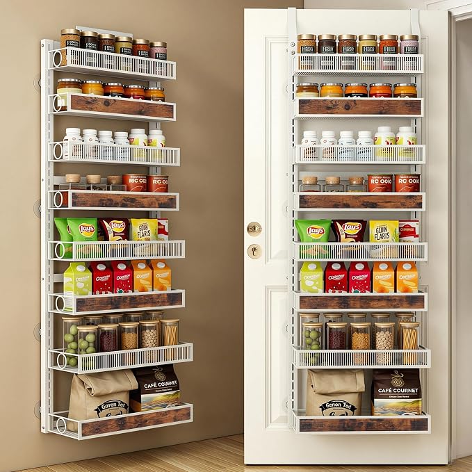 8 Tiers Pantry Door Organizer Spice Rack, 2-IN-1 Wall Mount or Hanging Over Door Seasoning Organizer with Adjustable Baskets, Heavy Duty Behind Door Storage Shelves for Pantry, Cabinet and Kitchen