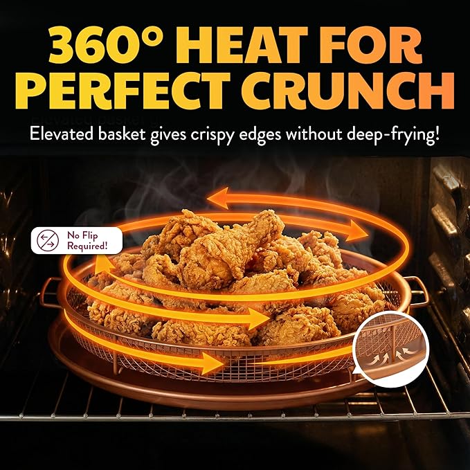 GOTHAM STEEL 2 Piece Copper Air Fryer Tray, Non Stick Air Fry Crisper Baskets for Air Fryers, Oven and Dishwasher Safe, Round Pizza & Bake Pan Frying, PFOA and PFOS Free, Durable & ScratchProof