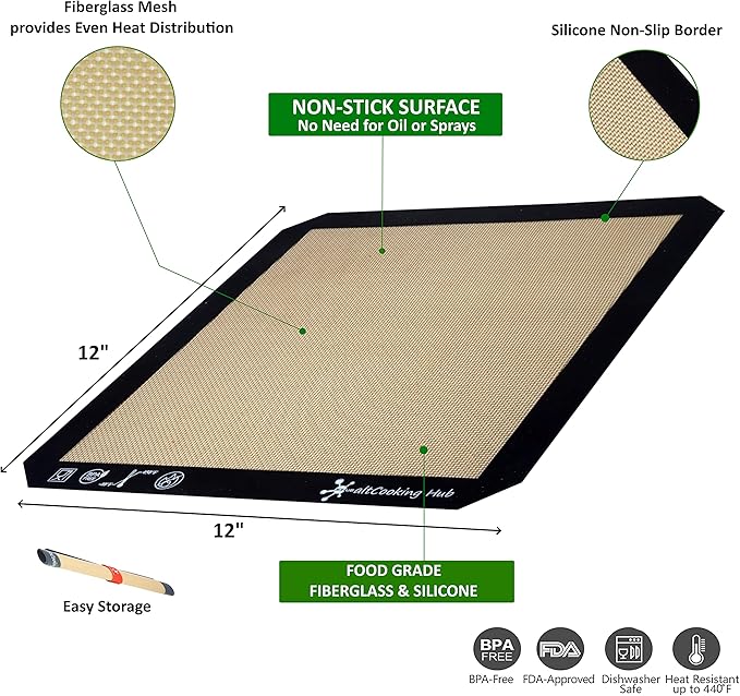 Silicone Roasting Mat and Silicone Baking Mat Combo for Air Fryer Oven - Set of 3 Food Safe, Non-Stick Baking Mat and Silicone Roasting Racks with Bonus Non-Stick Oven Liner