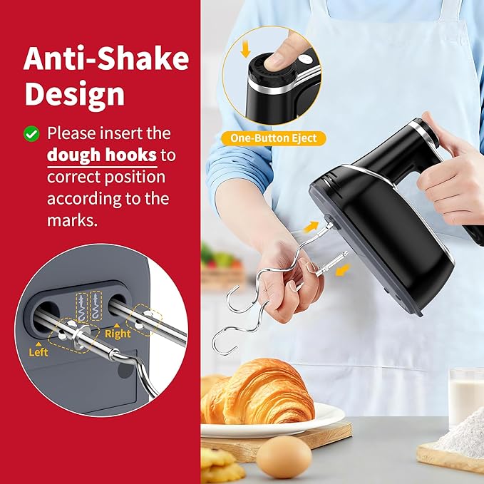 binROC Cordless Electric Hand Mixer, 12-Speed Rechargeable Handheld Mixer with Eject Button, 6 Stainless Steel Attachments, Snap-On Storage Case, LED, Self-Stand for Baking, Cake, Dough, Egg (Black)