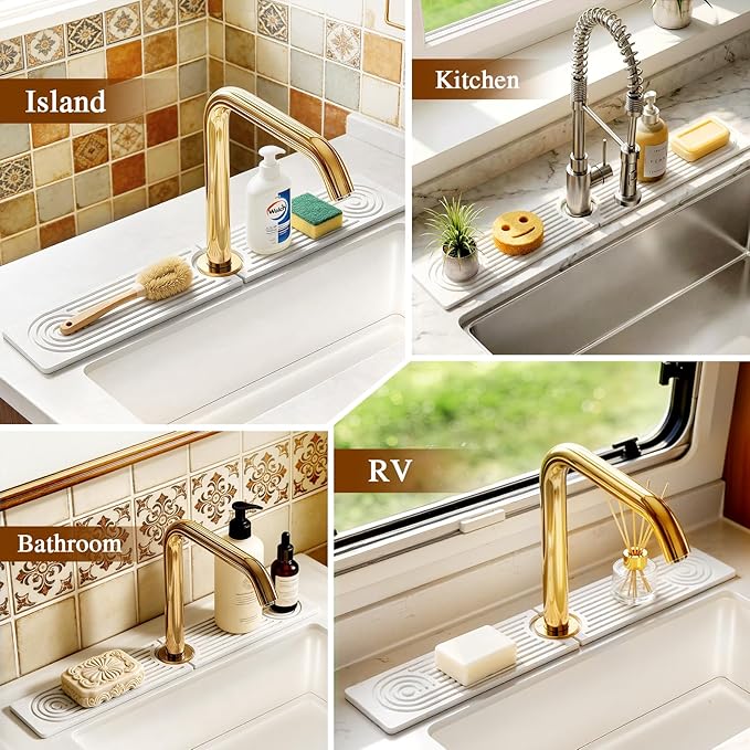 2 Pack Stone Faucet Mat for Kitchen Sink, Absorbing Drying Stone Mat Prevent Moisture, Sink Splash Guard Water,Natural Diatomite Stone Tray for Bathroom Counter 23.6*3.9inch (White+White)
