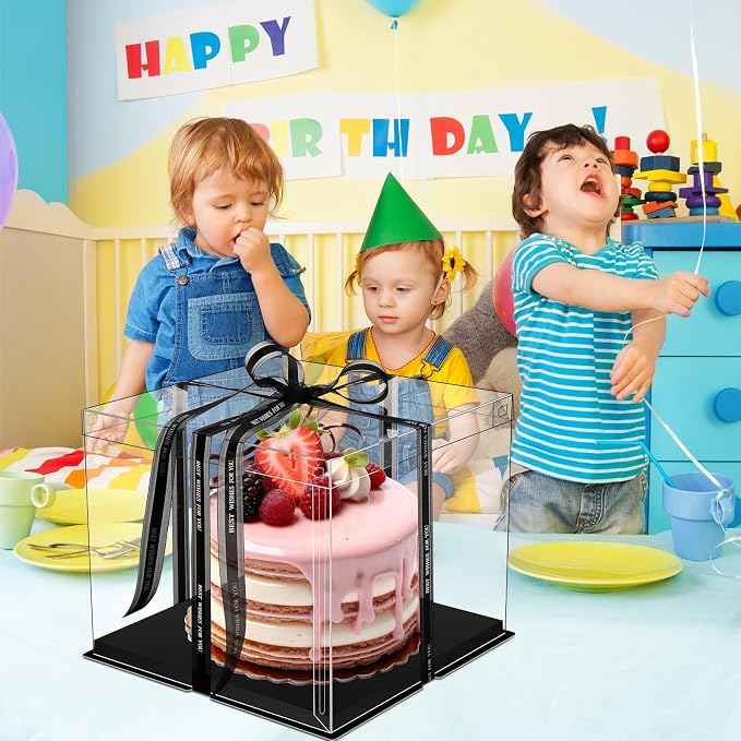 Maxdot 10 Pcs Transparent Tall Cake Boxes 12" x 12" x 10" Large Clear Cake Box with Ribbon Cake Carrier PET Wedding Cake Storage Container Clear Gift Boxes for Party Birthday Dessert Display (Black)
