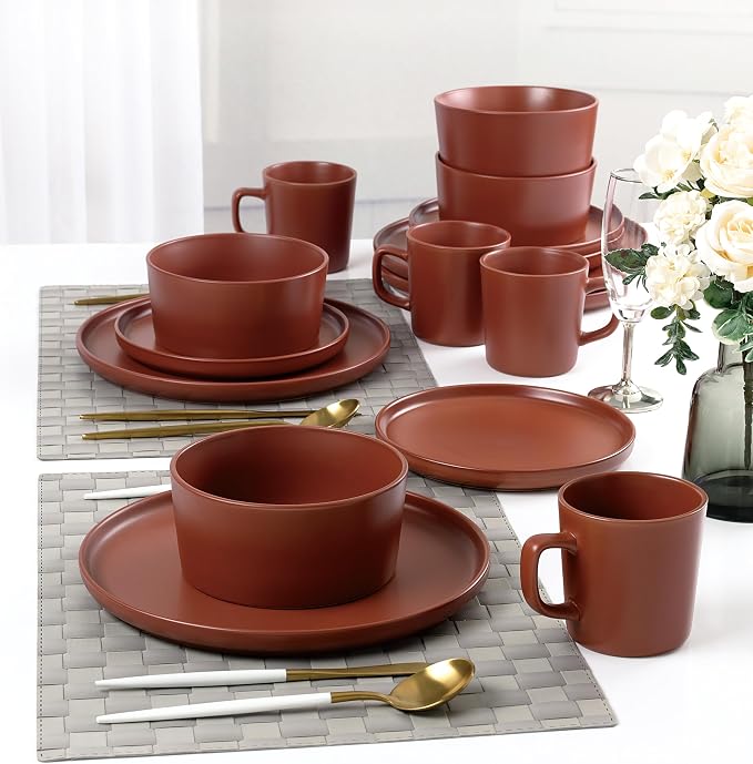 Lorren Home Trends Red Stoneware Dinnerware Set, 16 Piece, Service for 4, Microwave and Dishwasher Safe